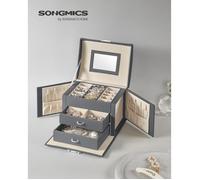 SONGMICS Boîte à Bijoux 3 Niveaux, Écrin à Accessoires avec 2 Tiroirs, Coffre de Rangement, Poignées, Miroir Intérieur, Verrouillable, Rangement pour Bijoux, pour Montres, Gris Ardoise JBC154G01