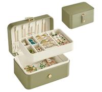 SONGMICS Boîte à Bijoux de Voyage, Petit Écrin à Accessoires, Rangement Bijoux à 2 Niveaux, Portable, Trousse de Voyage, pour Accessoires plus Grands, 11 x 16 x 8 cm, Vert Laurier JBC166C02