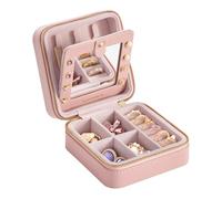 SONGMICS Boîte à Bijoux de Voyage, Petit Écrin à Accessoires, Trousse de Voyage avec Miroir, Fermeture Éclair, Rangement Bijoux Portable, Surface en PU, 11,4 x 11,4 x 5,5 cm, Rose Bonbon JBC146S01