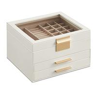 SONGMICS Boîte à Bijoux, Écrin à Accessoires 3 Niveaux, Coffre de Rangement, Couvercle en Verre, 2 Tiroirs, Rangement pour Bijoux, Moderne, Blanc Nuage et Doré JBC239WT