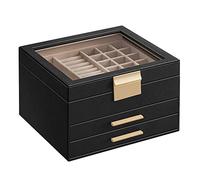 SONGMICS Boîte à Bijoux, Écrin à Accessoires 3 Niveaux, Coffre de Rangement, Couvercle en Verre, 2 Tiroirs, Rangement pour Bijoux, Moderne, Noir Graphite et Doré JBC239B03