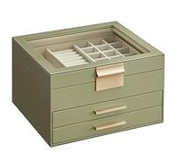 SONGMICS Boîte à Bijoux, Écrin à Accessoires 3 Niveaux, Coffre de Rangement, Couvercle en Verre, 2 Tiroirs, Rangement pour Bijoux, Beaucoup d'Espace, Moderne, Vert Avocat et Doré JBC239C02