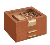 SONGMICS Boîte à Bijoux, Écrin à Accessoires 3 Niveaux, Coffre de Rangement, Couvercle en Verre, 2 Tiroirs, Rangement pour Bijoux, Moderne, Marron Caramel et Doré JBC239K01