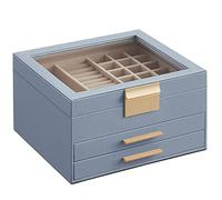 SONGMICS Boîte à Bijoux, Écrin à Accessoires 3 Niveaux, Coffre de Rangement, Couvercle en Verre, 2 Tiroirs, Rangement pour Bijoux, Beaucoup d'Espace, Moderne, Bleu Fumé et Doré JBC239Q01