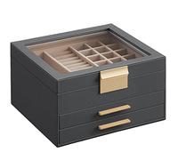 SONGMICS Boîte à Bijoux, Écrin à Accessoires 3 Niveaux, Coffre de Rangement, Couvercle en Verre, 2 Tiroirs, Rangement pour Bijoux, Moderne, Gris Interstellaire et Doré JBC239G02