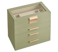 SONGMICS Boîte à Bijoux, Écrin à Accessoires 4 Niveaux, Coffre de Rangement, Couvercle en Verre, 3 Tiroirs, pour Lunettes de Soleil, Rangement pour Bijoux, Vert Laurier et Blanc Crème JBC161C02