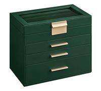SONGMICS Boîte à Bijoux, Écrin à Accessoires 4 Niveaux, Coffre de Rangement, Couvercle en Verre, 3 Tiroirs, pour Lunettes de Soleil, Rangement pour Bijoux, Moderne, Vert Forêt et Doré JBC161G01