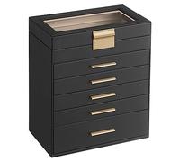 SONGMICS Boîte à Bijoux, Écrin à Accessoires 6 Niveaux, Coffre de Rangement, Couvercle en Verre, 5 Tiroirs, Pour Lunettes de Soleil, Rangement pour Bijoux, Moderne, Noir Graphite et Doré JBC171B01