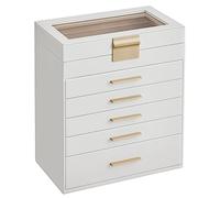 SONGMICS Boîte à Bijoux, Écrin à Accessoires 6 Niveaux, Coffre de Rangement, Couvercle en Verre, 5 Tiroirs, pour Lunettes de Soleil, Rangement pour Bijoux, Moderne, Blanc Nuage et Doré JBC171W01