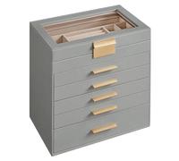 SONGMICS Boîte à Bijoux, Écrin à Accessoires 6 Niveaux, Coffre de Rangement, Couvercle en Verre, 5 Tiroirs, pour Lunettes de Soleil, Rangement pour Bijoux, Moderne, Gris Tourterelle et Doré JBC171G01