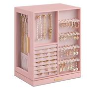 SONGMICS Boîte à Bijoux Rotative à 360°, Coffret à Bijoux avec 5 Tiroirs, Fenêtres en Verre Latérales, Grand, Rangement pour Accessoires, Design Ouvert, Rose Bonbon JBC170R01