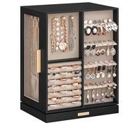 SONGMICS Boîte à Bijoux Rotative à 360°, Coffret à Bijoux avec 5 Tiroirs, Fenêtres en Verre Latérales, Grand, Rangement pour Accessoires, Design Ouvert, Noir Graphite JBC170B01