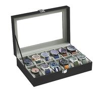 SONGMICS Boîte à Montres, 12 Emplacements, Coffret à Montres, Écrin, Couvercle en Verre, Coussinets Amovibles, Serrure en Métal, Revêtement en Noir et Doublure en Gris-Vert JWB12BK