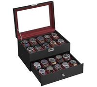 SONGMICS Boîte à Montres 20 Compartiments, Coffret à Montres, avec Couvercle en Verre, Écrin à 2 Niveaux, avec Coussinets Amovibles, Revêtement en Noir et Doublure en Rouge Bourgogne JWB020R01