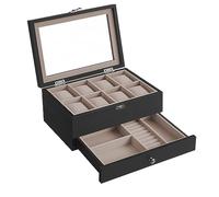 SONGMICS Boîte à Montres 8 Emplacements, Écrin à Montres en Bois, avec Couvercle en Verre, Coussinets pour Montres, Doublure en Velours, Coffre à Bijoux, Noir Boisé JOW008B01