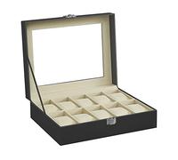 SONGMICS Boîte à Montres à 10 Emplacements, Coffret à Montres, Couvercle en Verre, Serrure en Métal, Revêtement en Noir et Doublure en Beige Verdâtre JWB010