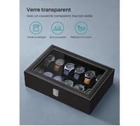 SONGMICS Boîte à Montres à 12 Compartiments, Coffre à Montres, Présentoir, Écrin, Couvercle en Verre, Coussins Amovibles en Velours