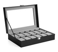 SONGMICS Boîte à Montres à 12 Compartiments, Coffre à Montres, Présentoir, Écrin, Couvercle en Verre, Coussins Amovibles en Velours, Serrure en métal, revêtement en Noir et Doublure en Gris JWB12BK No