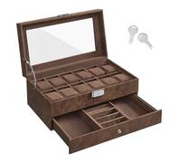 SONGMICS Boîte à Montres à 12 Emplacements, Coffret à Montres, avec Couvercle en Verre, Écrin à 2 Niveaux, avec Coussinets Amovibles, Revêtement en Marron et Doublure en Marron JWB012K01V1