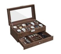 SONGMICS Boîte à Montres à 12 Emplacements, Coffret à Montres, avec Couvercle en Verre, Écrin à 2 Niveaux, avec Coussinets Amovibles, Revêtement en Marron et Doublure en Marron JWB012K01V1