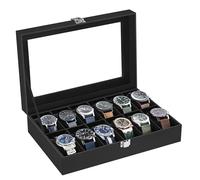 SONGMICS Boîte à Montres à 12 Emplacements, Coffret à Montres, Écrin, avec Couvercle en Verre, Coussinets Amovibles, Serrure en Métal, Revêtement en Noir et Doublure en Noir JWB12B