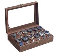 SONGMICS Boîte à Montres à 12 Emplacements, Coffret à Montres, Écrin, Couvercle en Verre, Coussinets Amovibles, Serrure en Métal, Revêtement en Marron Café et Doublure en Marron Café JWB120KQ02