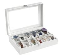 SONGMICS Boîte à Montres à 12 Emplacements, Coffret à Montres, Écrin, Couvercle en Verre, Coussinets Amovibles, Serrure en Métal, Revêtement en Blanc et Doublure en Blanc JWB202