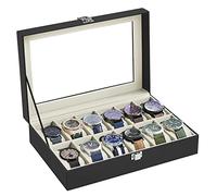 SONGMICS Boîte à Montres à 12 Emplacements, Coffret à Montres, Écrin, Couvercle en Verre, Coussinets Amovibles, Serrure en Métal, Revêtement en Noir et Doublure en Beige Verdâtre JWB12BE