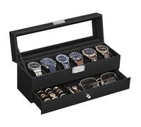SONGMICS Boîte à montres avec couvercle en verre - 2 étages - Verrouillable - 1 tiroir - Pour bagues, bracelets - En cuir synthétique noir - Doublure noire - JWB060B02