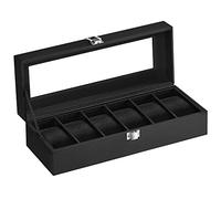 SONGMICS Boîte à Montres à 6 Emplacements, Coffret à Montres, Écrin, Couvercle en Verre, Coussinets Amovibles, Serrure en Métal, Revêtement en Noir et Doublure en Noir JWB06B01