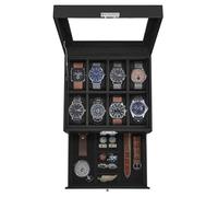 SONGMICS Boîte à montres à 8 emplacements, boîtier de montre verrouillable avec couvercle en verre, 2 couches, avec 1 tiroir pour bagues, bracelets, idée cadeau, cuir synthétique noir, doublure noire