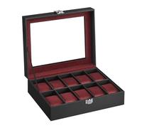 SONGMICS Boîte à montres avec 10 emplacements, boîtier de montre avec couvercle en verre, boîte de présentation avec coussins de montre amovibles, fermoir en métal, idée cadeau, cuir synthétique noir,