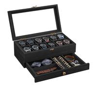 SONGMICS JOW012B02 Boîte à montres avec 12 emplacements, boîtier de montre en bois à 2 niveaux avec grand couvercle en verre, coussins de montre, doublure en velours, boîte à bijoux, Noir encre