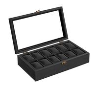 SONGMICS Boîte à montres avec 12 emplacements, en bois massif | Boîte de présentation, couvercle en verre, coussins amovibles, idée cadeau, encre noire, Collection ANICIA JOW120B02