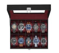 SONGMICS Boîte à montres, boîtier de montre à 10 emplacements avec grand couvercle en verre, coussins de montre amovibles, boîte de rangement, cadeau pour vos proches, cuir synthétique noir, doublure