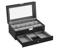 SONGMICS Boîte à Montres, Coffret à Montres, Couvercle en Verre, Écrin à 2 Niveaux, 12 Montres, Verrouillable, 1 Tiroir, Idée Cadeau, PU Noir, Doublure en Gris JWB012G01