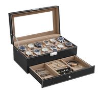 SONGMICS Boîte à Montres, Coffret à Montres, Couvercle en Verre, Écrin à 2 Niveaux, 12 Montres, Verrouillable, 1 Tiroir, Idée Cadeau, PU Noir, Doublure en Beige Verdâtre JWB012