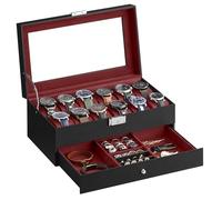 SONGMICS Boîte à Montres, Coffret à Montres, Couvercle en Verre, Écrin à 2 Niveaux, 12 Montres, Verrouillable, 1 Tiroir, Idée Cadeau, PU Noir, Doublure Rouge Bordeaux JWB012R01