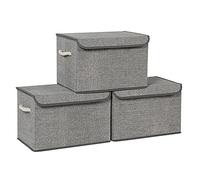 SONGMICS Boîte de Rangement avec Couvercle, Lot de 3, Pliable, Panier en Tissu, Bac de Rangement, avec Poignées, pour Chambre, Salon, Dressing, 38 x 25 x 25 cm, Gris Tourterelle RFB013G02