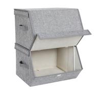 SONGMICS Boîte Rangement, Lot de 2, Panier en Tissu Empilable, Cube, Caisse, Organisateur, pour Vêtements, Jouets, Cadre en Métal, Couvercle Aimanté, 38 x 26,5/35 x 25 cm, Gris et Beige RLB02GY