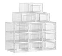 SONGMICS Boîtes à Chaussures, Lot de 12, Rangement Chaussures, Pliable, pour Pointure jusqu’à 44, Transparent et Blanc LSP12SWT