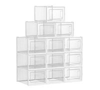 SONGMICS Boîtes à Chaussures, Lot de 12, Rangement Chaussures, Pliable, pour Pointure Jusqu’à 46, Transparent et Blanc LSP12MWT