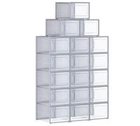 SONGMICS Boîtes à Chaussures, Lot de 18, Rangement Chaussures, Pliable, pour Pointure jusqu’à 46, Transparent et Gris LSP007G18