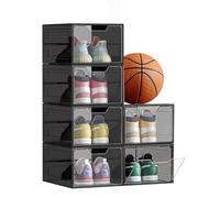 SONGMICS Boîtes à Chaussures, Lot de 6, avec Porte, Rangement de Chaussure en Plastique, Empilable, Montage Facile, 34 x 25 x 18,4 cm, Jusqu’à la Pointure 44, Noir Transparent LSP032B06