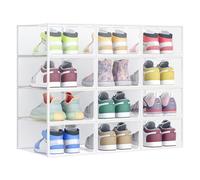 SONGMICS Boîtes à Chaussures, Organisateurs en Plastique, avec Porte, Lot de 12, Empilables, Montage Facile, 33,2 x 23 x 14,5 cm, pour Pointure jusqu'à 43, Transparentes et Blanc Nuage LSP312W01