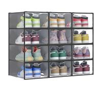 SONGMICS Boîtes à Chaussures, Organisateurs en Plastique, avec Porte, Lot de 12, Empilables, Montage Facile, 33,2 x 23 x 14,5 cm, pour Pointure jusqu'à 43, Transparentes et Noir d'Encre LSP312B01