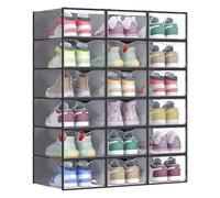 SONGMICS Boîtes à Chaussures, Organisateurs en Plastique, avec Porte, Lot de 18, Empilables, Montage Facile, 33,2 x 23 x 14,5 cm, pour Pointure jusqu'à 43, Transparentes et Noir d'Encre LSP318B01