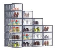 SONGMICS Boîtes à Chaussures, Rangement Chaussures en Plastique, Pliables et Empilables, pour Pointure Jusqu’à 43, Lot de 18, Transparent et Bleu Charbon LSP066Q18