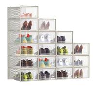 SONGMICS Boîtes à Chaussures, Rangement Chaussures en Plastique, Pliables et Empilables, pour Pointure Jusqu’à 43, Lot de 18, Transparent et Beige Cappuccino LSP066L18