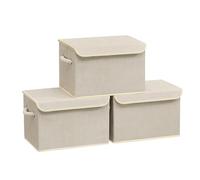 SONGMICS Boîtes de Rangement en Tissu, Lot de 3 Bacs, avec Couvercle | Avec Poignées, 38 x 25 x 25 cm, Motif Lin, Gris, Collection TINA RFB013GZ01